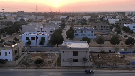 Bahria-Housing-Estate-Against-Golden-Sunset-Colour-Skies-In-Karachi