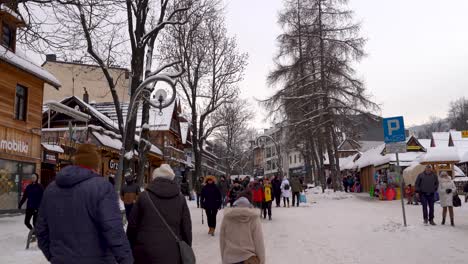 Many-wooden-houses-in-winter-ski-resort-town-of-Zakopane,-Poland-during-winter