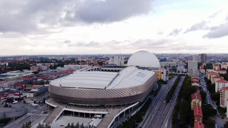 Tele2-stadium-with-Avicii-arena-in-Stockholm,-aerial-tilting-down-view