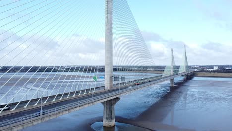 Mersey-gateway-landmark-aerial-view-above-toll-suspension-bridge-river-crossing-close-reverse-left-shot