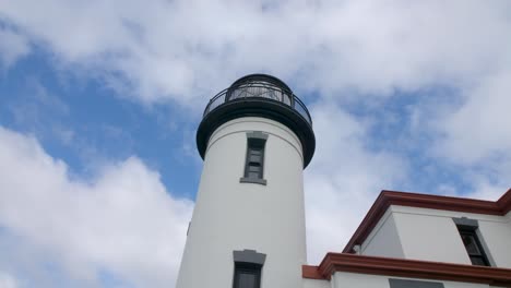 Tilted-up-shot-of-lighthouse-on-a-cloudy-day