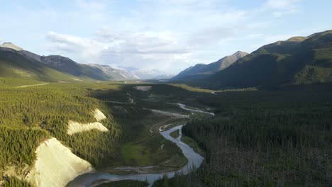 Scenic-drone-aerial-view-of-the-Mineral-Lick-area-and-Trout-river-in-northern-rockies-mountains