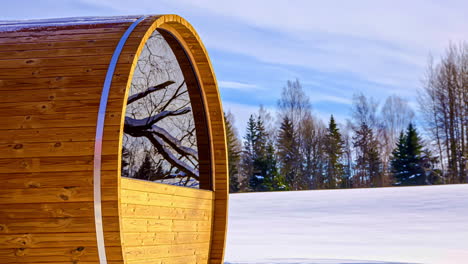 Close-up-of-barrel-sauna-mirror-window-reflecting-the-snow-forest