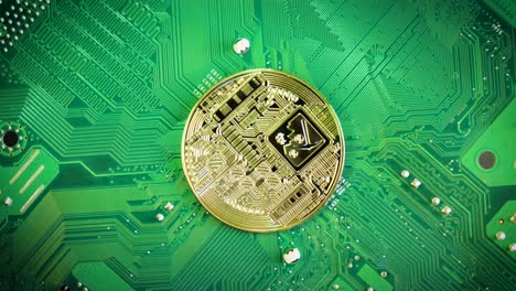 Representative-gold-coin-on-top-Circuit-board,-Topdown-view,-Crypto-currency-Concept