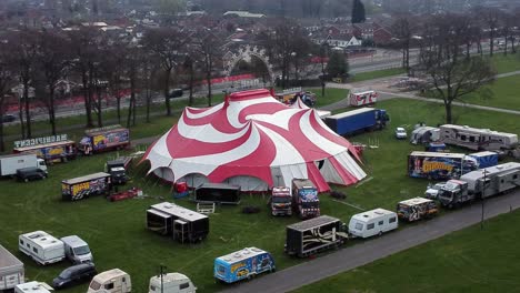Planet-circus-daredevil-entertainment-colourful-swirl-tent-and-caravan-trailer-ring-aerial-view