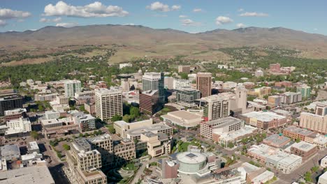 Orbiting-drone-shot-of-Boise,-Idaho's-downtown-district-on-a-nice-sunny-day