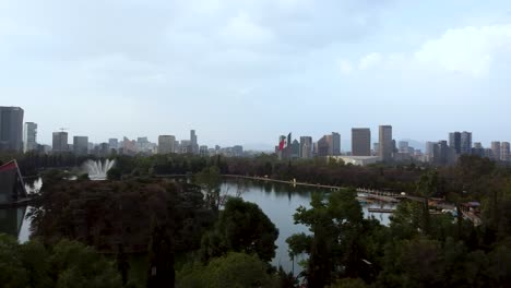 Aerial-view-of-the-great-lake-in-Chapultepec-park,-Mexico-City