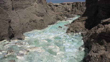 Dead-Sea-Hot-Springs-dramatic-aerial-fly-in-through-desert-canyon-landscape-over-crystal-clear-warm-waters