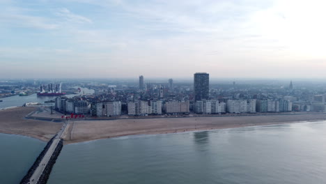 Aerial-Dolly-In-of-Ostend-City-by-the-North-Sea-in-Belgium