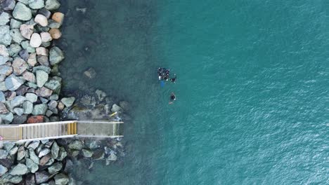 A-group-of-scuba-divers-gather-above-the-water-near-a-set-of-stairs-leading-to-the-ocean