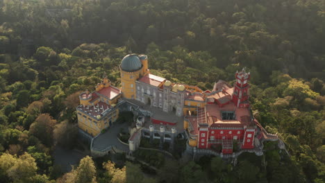Top-Down-Aerial-Shot-of-the-Pena-Palace,-Sintra-National-Park,-Portugal