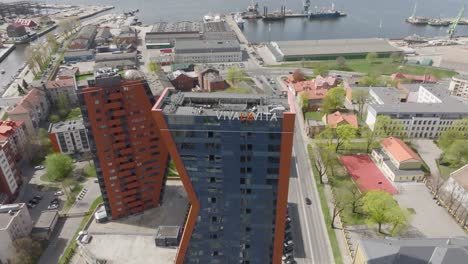 Aerial-view-of-a-skyscraper-letter-K-shape-in-Klaipeda