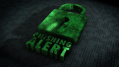 Stylish-and-hyper-realistic-3D-CGI-render-of-a-stylised-system-security-padlock-on-a-hitech-surface-overlaid-with-animated-binary-code-with-the-message-Phishing-Alert-in-metallic-green