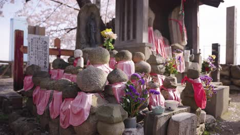 Spring-at-Osaka-Castle,-Jizo-Statues-at-small-Shrine-with-Sakura-Trees