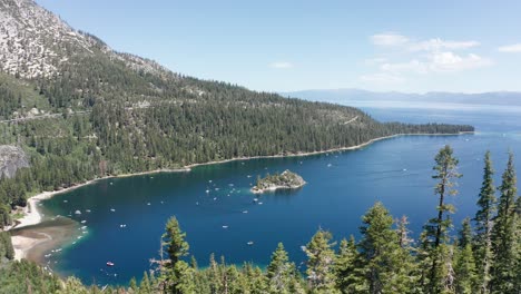 Wide-rising-aerial-shot-of-Emerald-Bay-in-Lake-Tahoe