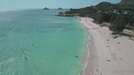 Aerial-view-of-kayakers-in-the-ocean-at-Kailua-Oahu-on-a-sunny-day