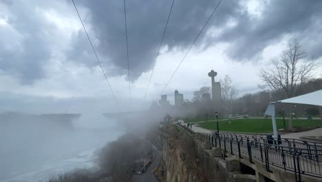 The-Niagara-falls,-Ontario-city-skyline-on-background,-under-a-mist-cloudy-foggy-day-from-waterfall