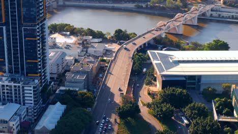 South-Bank-Neighborhood-In-Brisbane,-Australia---aerial-drone-shot