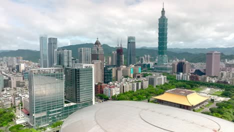 Luftaufnahme-über-Die-Stadt-Taipeh-Mit-Dem-101-Tower,-Dem-Taipei-Dome-Dajudan-Und-Der-Sun-Yat-sen-Memorial-Hall-An-Bewölkten-Tagen