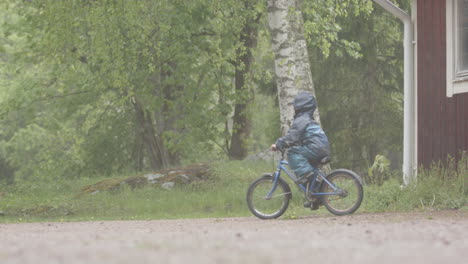 EXTREME-WEATHER,-SLOMO---A-child-rides-their-bike-through-the-heavy-rain
