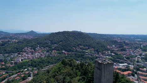 Aerial-View-Of-Castello-Baradello-On-Hilltop-Next-To-City-Of-Como,-Northern-Italy