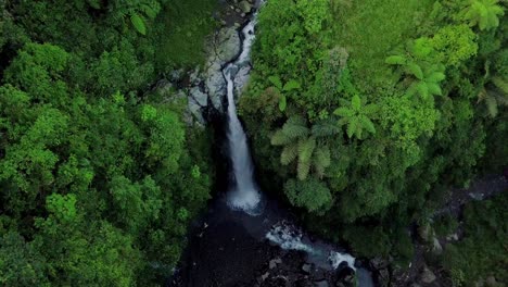 Luftaufnahme-Einer-Drohne,-Die-über-Die-Natur-Fliegt,-Blick-Auf-Den-Wasserfall-Inmitten-Dichter-Bäume