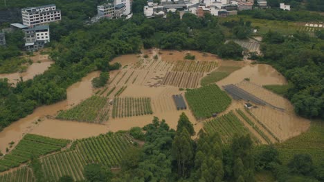 Flooded-Crop-Fields-in-China,-Damages-for-Agricultural-Business,-Aerial-View