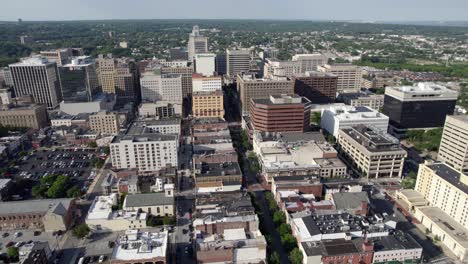 Aerial-view-over-downtown-Wilmington,-daytime-in-Delaware,-USA---reverse,-drone-shot