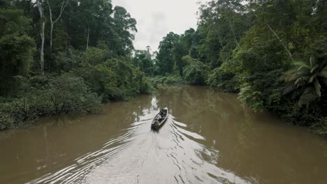 Amazonia-River-And-Densely-Jungle-With-Indigenous-Wooden-Boat-Sailing