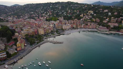 Picturesque-Tourism-Town-near-Portofino-on-Italy-Coast-at-Sunset---Aerial