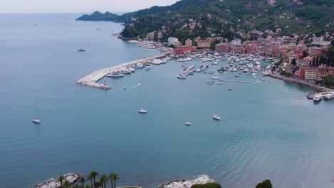 Boats-in-Harbor-Marina-on-Coast-of-Italy-City-near-Portofino---Aerial