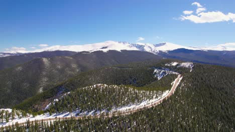 Aerial-Shot-Of-Mount-Evans-Road-Near-Famous-Colorado-Rocky-Mountains-Landmark-With-Snowy-Mountain-Peaks-In-The-Background