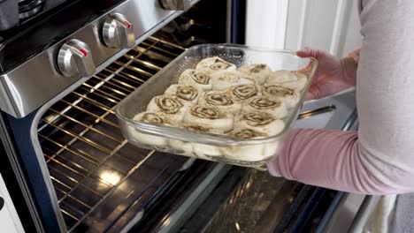 Placing-a-pan-of-raw-cinnamon-rolls-into-a-warming-oven-to-raise-and-then-bake