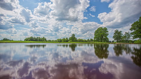 A-dynamic-cloudscape-reflecting-off-the-surface-of-a-lake---summer-time-lapse