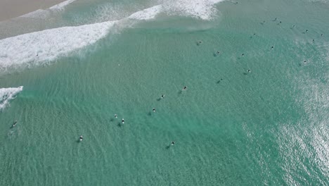Aerial-View-Of-Surfers-At-Duranbah-Beach-With-Turquoise-Water-In-Tweed-Heads,-Australia---drone-top-down