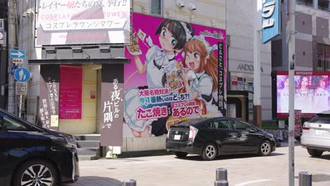 Adult-Maid-Cosplay-Cafe-in-Streets-of-Osaka-Japan,-Establishing-Shot