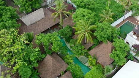Luftaufnahmen-Von-Luxushotelvillen-Auf-Einer-Tropischen-Insel,-Umgeben-Von-Kokospalmen-Und-Einem-Wunderschönen-Pool