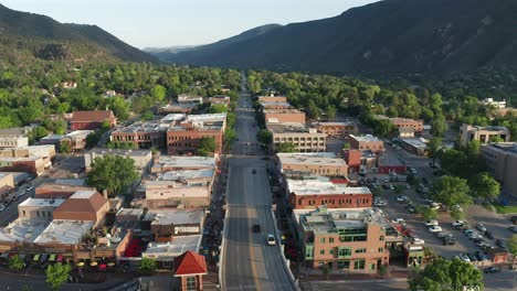 Aerial-view-of-Glenwood-Springs,-Colorado,-during-golden-hour
