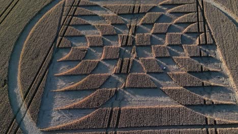 Aerial-Of-Intricate-Patterns-Carved-In-The-Farm-Field-Of-Micheldever-Station-During-A-Crop-Circle-Exhibition-In-England,-UK