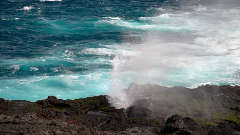 Aguas-Turquesas-Del-Océano-Rociadas-A-Través-De-Un-Agujero-En-La-Costa-Rocosa-En-Punta-Suárez-En-Las-Galápagos