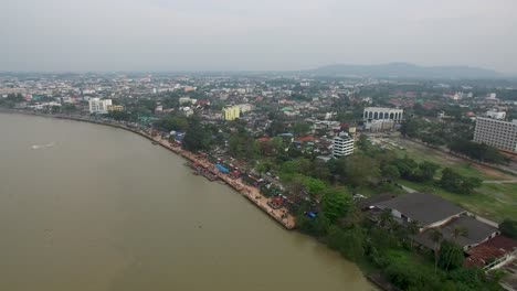 Aerial-Shot-of-Surat-Thani,-River-and-City-Surat-Thani-Province,-Thailand