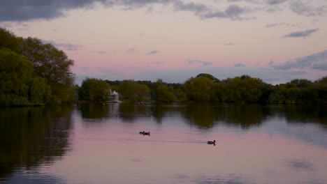 Sonnenuntergänge-über-Einem-See,-Während-Ein-Einsamer-Fischer-Seine-Angel-Auswirft