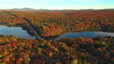 Aerial-Footage-of-Orbit-over-roadway-between-two-ponds-deep-in-an-autumn-forest