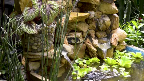 Wunderschöner-Wasserbrunnen,-Dekoriert-Mit-Zier--Und-Wasserpflanzen