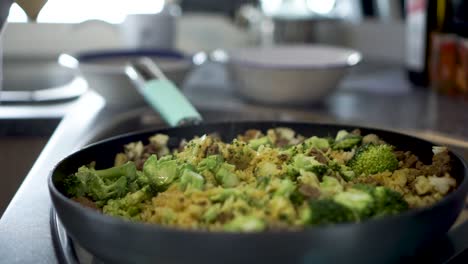 SLOWMO---Sprinkling-salt-on-dish-rice-broccoli,-curry-and-meat-in-kitchen-of-motorhome