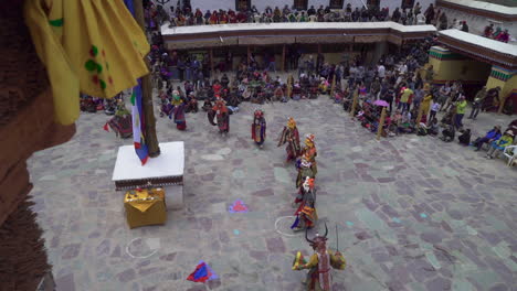 Chham-dance-performed-by-masked-monks-at-Hemis-monastery-on-Hemis-festival,-shot-from-above