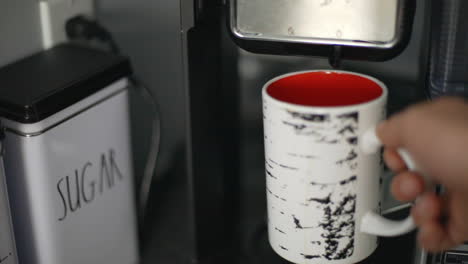 Grabbing-a-birch-themed-red-and-white-mug-from-a-home-coffee-maker
