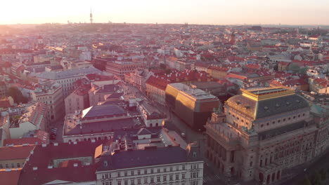 Aerial-view-to-Vltava-river-and-the-city-at-sunrise,-Prague,-Czech-Republic