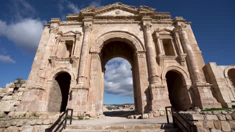 Still-Shot-of-Arch-of-Hadrian-in-City-of-Jerash-on-a-Bright-and-Sunny-Day