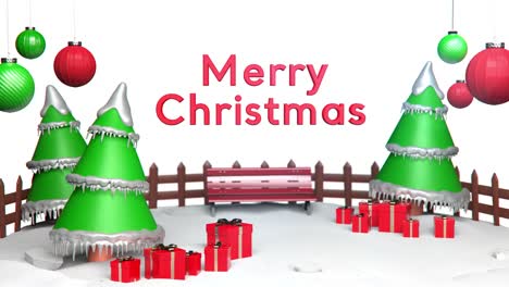 Escena-De-Feliz-Navidad-Con-Navidad,-árbol-De-Noel-Y-Caja-De-Regalo-Roja-En-Ciclo-Azul